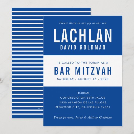 Invitation BAR MITZVAH moderne minima typographie bleu blanc (Devant / Derrière)