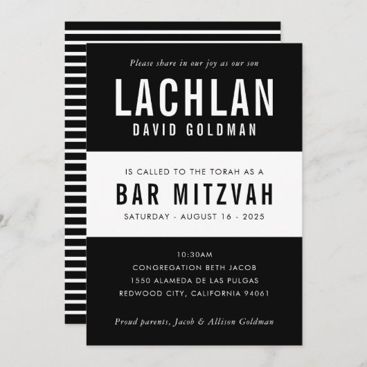 Invitation BAR MITZVAH moderne minima typographie noir blanc (Devant / Derrière)