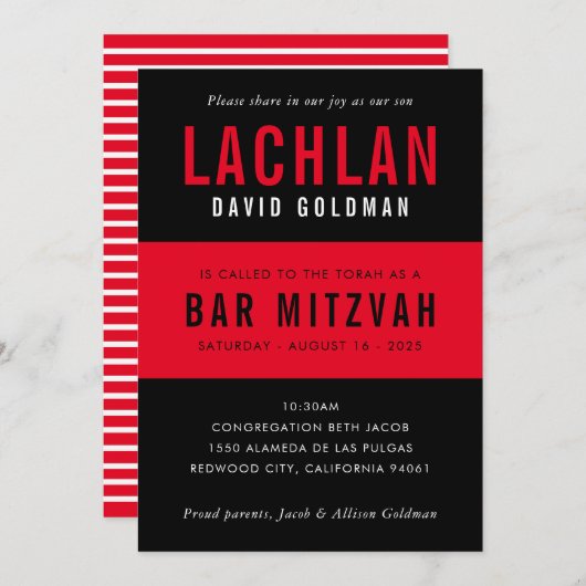Invitation BAR MITZVAH moderne minima typographie noir rouge (Devant / Derrière)