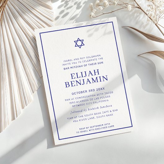 Invitation BAR MITZVAH moderne minimal étoile bordure bleu ro