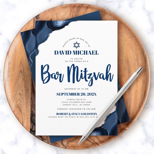 Invitation Bar Mitzvah Moderne Simple Bleu Marine Agate Scrip