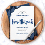 Invitation Bar Mitzvah Moderne Simple Marine Bleu Agate Scrip<br><div class="desc">Soyez fier, réjouissez-vous et présentez cette étape importante de votre Bar Mitzvah préféré ! Envoyer cette invitation cool, unique, moderne, personnalisée pour un événement à retenir. La typographie en écriture bleu marine et l'étoile de David superposent un arrière - plan simple et blanc avec agate en acier bleu accentué de...</div>