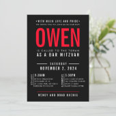 Invitation BAR MITZVAH moderne simple pile rouge noir (Debout devant)