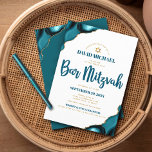 Invitation Bar Mitzvah Moderne Simple Turquoise Agate Script<br><div class="desc">Soyez fier, réjouissez-vous et présentez cette étape importante de votre Bar Mitzvah préféré ! Envoyer cette invitation cool, unique, moderne, personnalisée pour un événement à retenir. La typographie de script bleu foncé et l'étoile faux or de David superposent un arrière - plan blanc simple et propre avec agate bleu turquoise...</div>