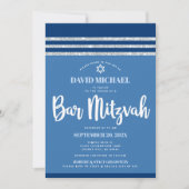 Invitation Bar Mitzvah Moderne Tallit Bleu Argent Écriture Gr (Devant)