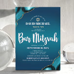 Invitation Bar Mitzvah Moderne Turquoise Ombre Agate Script<br><div class="desc">Soyez fier, réjouissez-vous et présentez cette étape importante de votre Bar Mitzvah préféré ! Envoyez cette invitation de nom hébreu, cool, unique, moderne, personnalisée, pour un événement à retenir. La typographie en écriture blanche et une fausse étoile d'or de David superposent un turquoise bleu foncé et turquoise profond arrière -...</div>