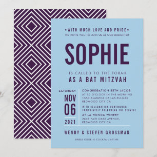 Invitation BAR MITZVAH moderne type bloc aubergine bluebell