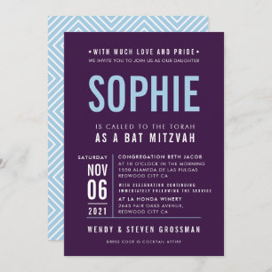 Invitation BAR MITZVAH moderne type bloc aubergine pâle bleu 