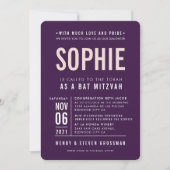 Invitation BAR MITZVAH moderne type bloc aubergine rose (Devant)