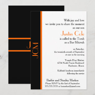 Invitation Bar Mitzvah Monogramme Orange Noir