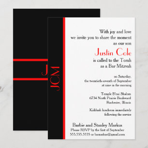 Invitation Bar Mitzvah Monogramme Rouge Noir sur Fond Blanc
