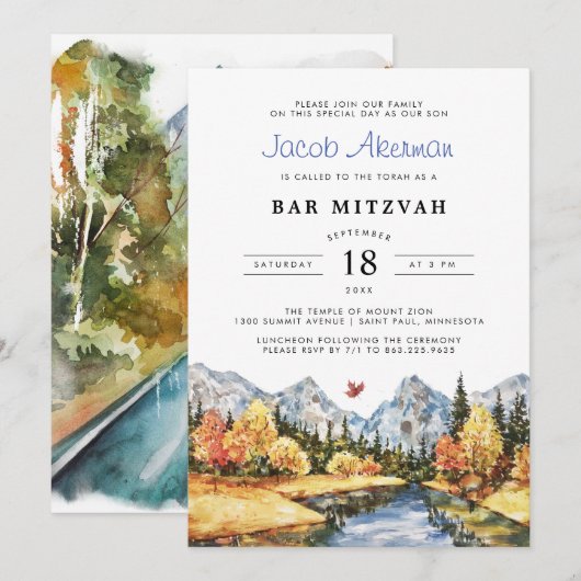 Invitation Bar Mitzvah Montagnard d'Automne Rustique (Devant / Derrière)