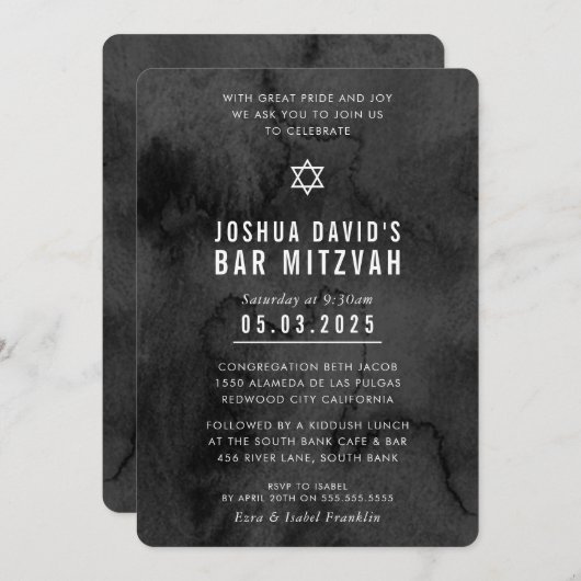 Invitation BAR MITZVAH moody moderne moody noir aquarelle (Devant / Derrière)