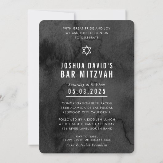 Invitation BAR MITZVAH moody moderne moody noir aquarelle (Devant)