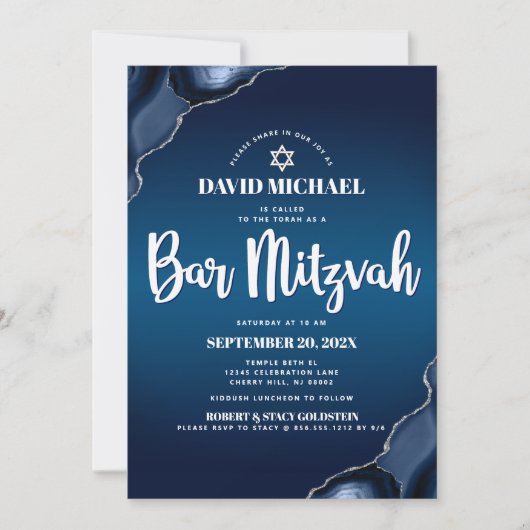 Invitation Bar Mitzvah Navy Blue Ombre Agate Script moderne (Devant)