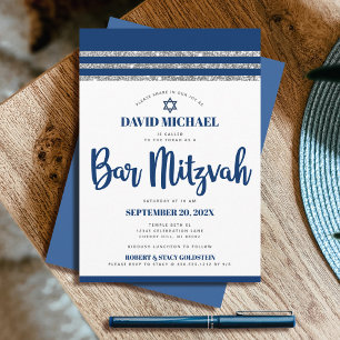 Invitation Bar Mitzvah Navy Blue Script Simple Moderne Tallit