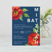 Invitation Bar Mitzvah Navy Bold Rouge Floral Aquarelle Moder (Debout devant)