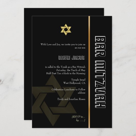 Invitation Bar Mitzvah/noir/or (Devant / Derrière)