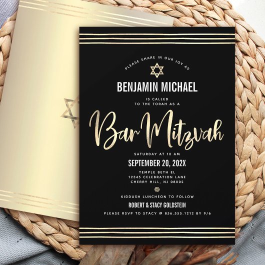Invitation Bar Mitzvah Noir Or Feuille Script Gras Moderne