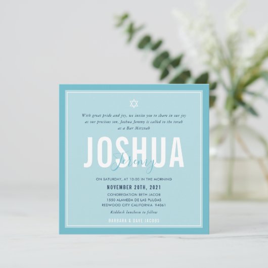 Invitation BAR MITZVAH nom moderne ciel bleu clair (Debout devant)