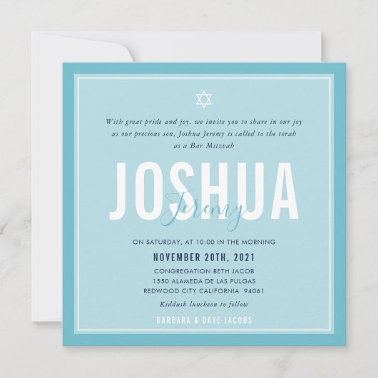 Invitation BAR MITZVAH nom moderne ciel bleu clair (Devant)