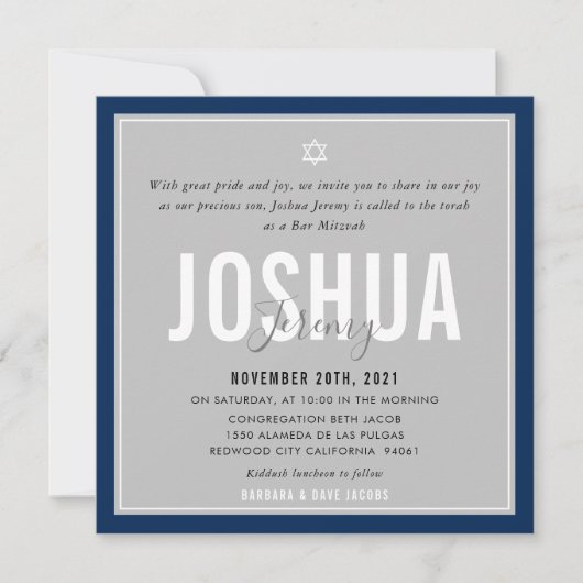 Invitation BAR MITZVAH nom moderne gris bleu marine foncé ble (Devant)
