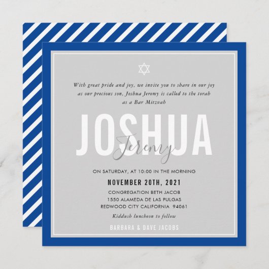 Invitation BAR MITZVAH nom moderne gris bleu royal (Devant / Derrière)