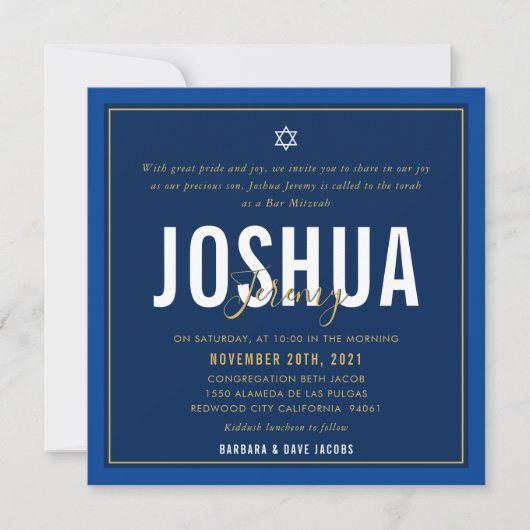 Invitation BAR MITZVAH nom moderne marine bleu or (Devant)