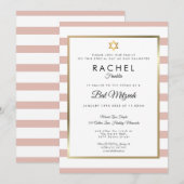 Invitation Bar Mitzvah Or Rose Et Rayure Blanche (Devant / Derrière)