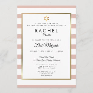 Invitation Bar Mitzvah Or Rose Et Rayure Blanche