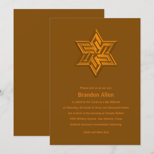 Invitation Bar Mitzvah Orange Tones Star de David (Devant / Derrière)
