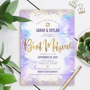 Invitation Bar Mitzvah orné de papier d'or moderne et aquarel