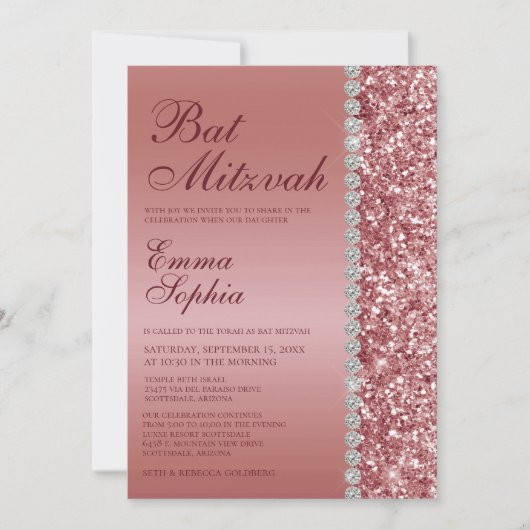 Invitation Bar Mitzvah pailleté or rose (Devant)