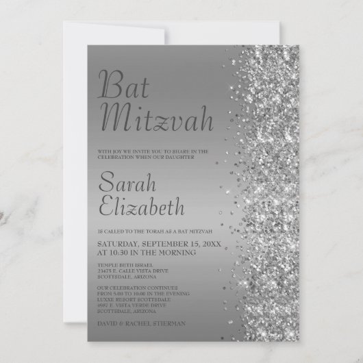 Invitation Bar Mitzvah pailletée argentée (Devant)