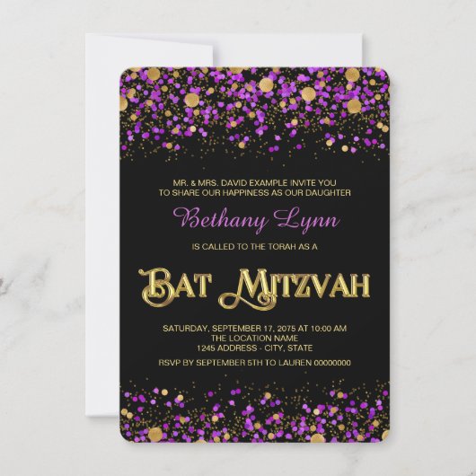 Invitation Bar Mitzvah pailletée violet et or (Devant)