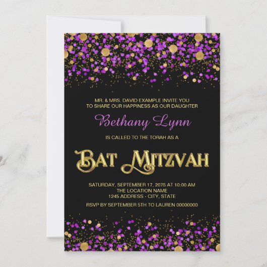 Invitation Bar Mitzvah pailletée violet et or (Devant)