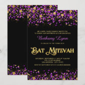 Invitation Bar Mitzvah pailletée violet et or (Devant / Derrière)