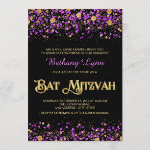 Invitation Bar Mitzvah pailletée violet et or