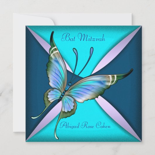 Invitation Bar Mitzvah papillon bleu sarcelle violet (Devant)