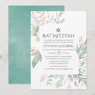 Invitation Bar Mitzvah Pastel Rose Foncé de Verdure