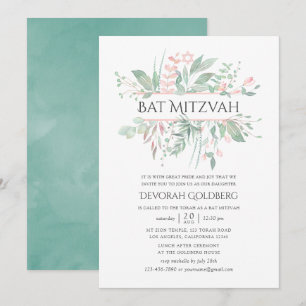 Invitation Bar Mitzvah Pastel Rose Végétal