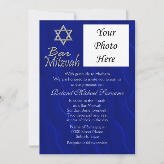 Invitation Bar mitzvah photo bleu argent (Devant)