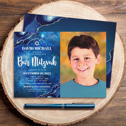 Invitation Bar Mitzvah Photo Blue Galaxy Aquarelle Agate