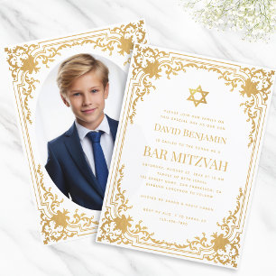 Invitation Bar Mitzvah Photo Faux Gold Star Vintage Élégant