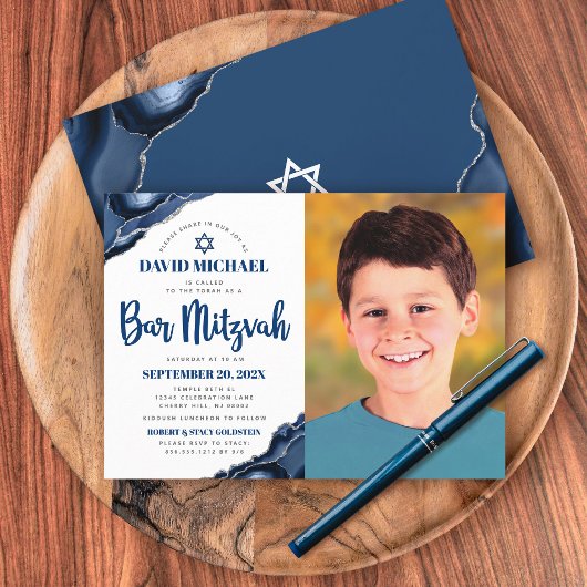 Invitation Bar Mitzvah Photo Moderne Marine Blue Agate Script