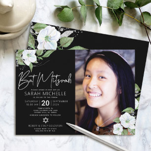 Invitation Bar Mitzvah Photo Noir Fleur Argent Aquarelle