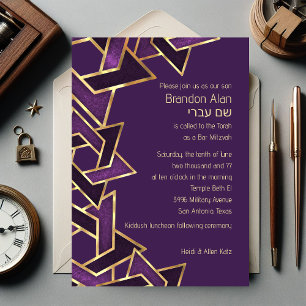 Invitation Bar Mitzvah Plum Purple Gold Star de David