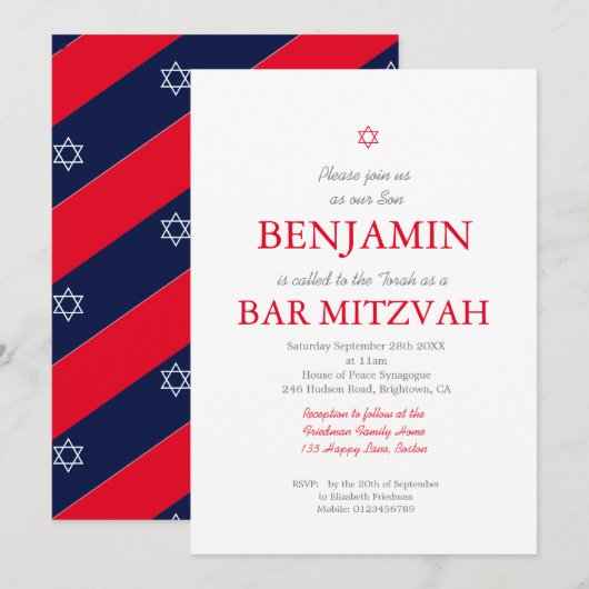 Invitation Bar Mitzvah Red Motif Star de David Juif (Devant / Derrière)