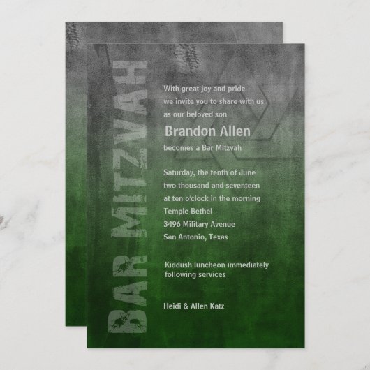Invitation Bar Mitzvah Rogged Fade Green (Devant / Derrière)