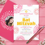Invitation Bar Mitzvah Rose Chauve-Souris Photo Étoile Éclaté<br><div class="desc">Soyez fiers, réjouissez-vous et mettez en valeur ce jalon de votre Bat Mitzvah préférée avec cette invitation personnalisée amusante, tendance et funky ! Des explosions d'étoiles rétro rose chaud et corail avec des étoiles de David, ainsi qu'une typographie sans empattement jaune vif, rose chaud et gris foncé, se superposent sur...</div>